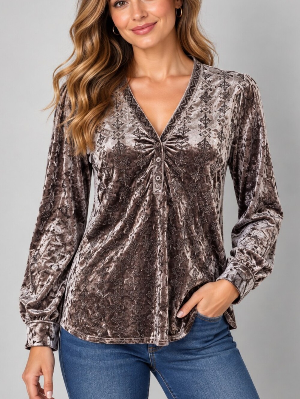 Andree BY UNIT Silver Crushed Velvet Velour Embroidered Castlecore Blouse